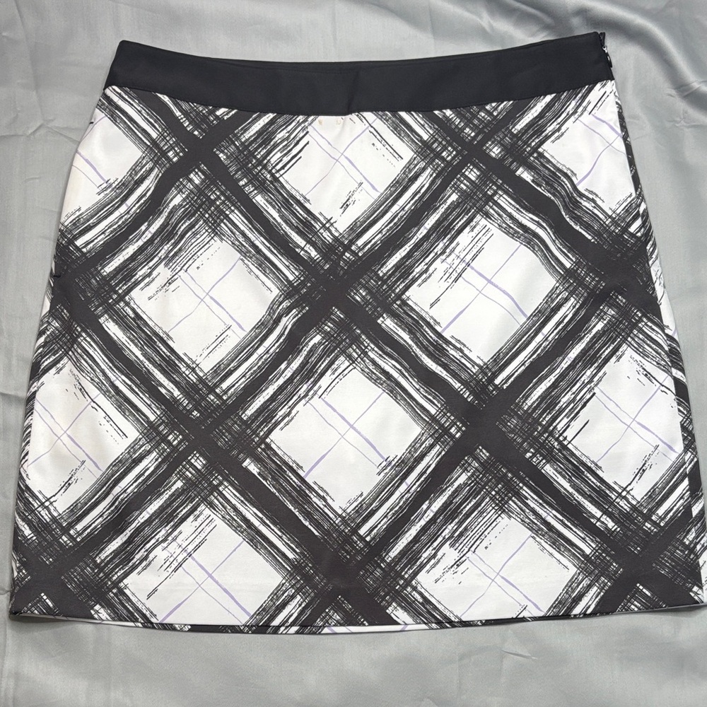Greg Norman Collection Black and White Brushstroke Plaid A-Line Skirt